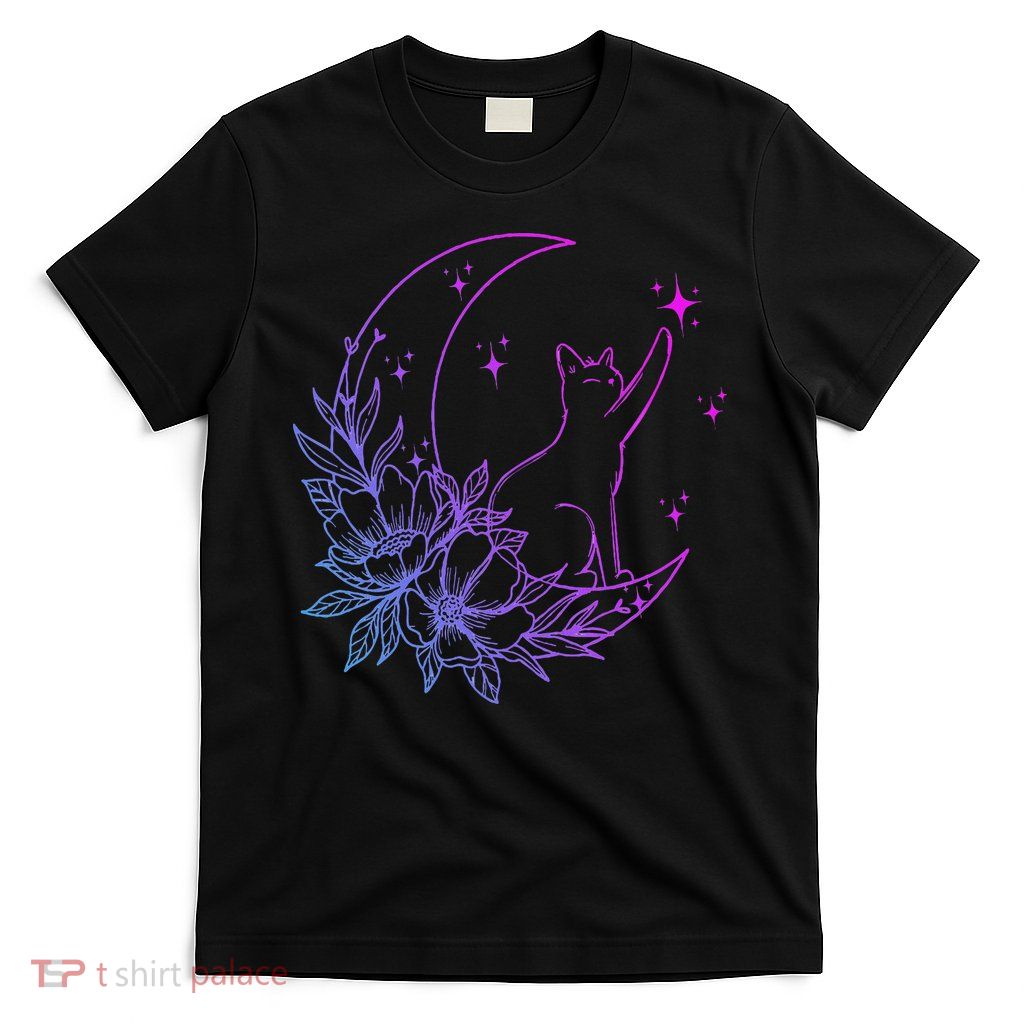 Cat Sitting On Crescent Moon Flowers Stars Women T-Shirt