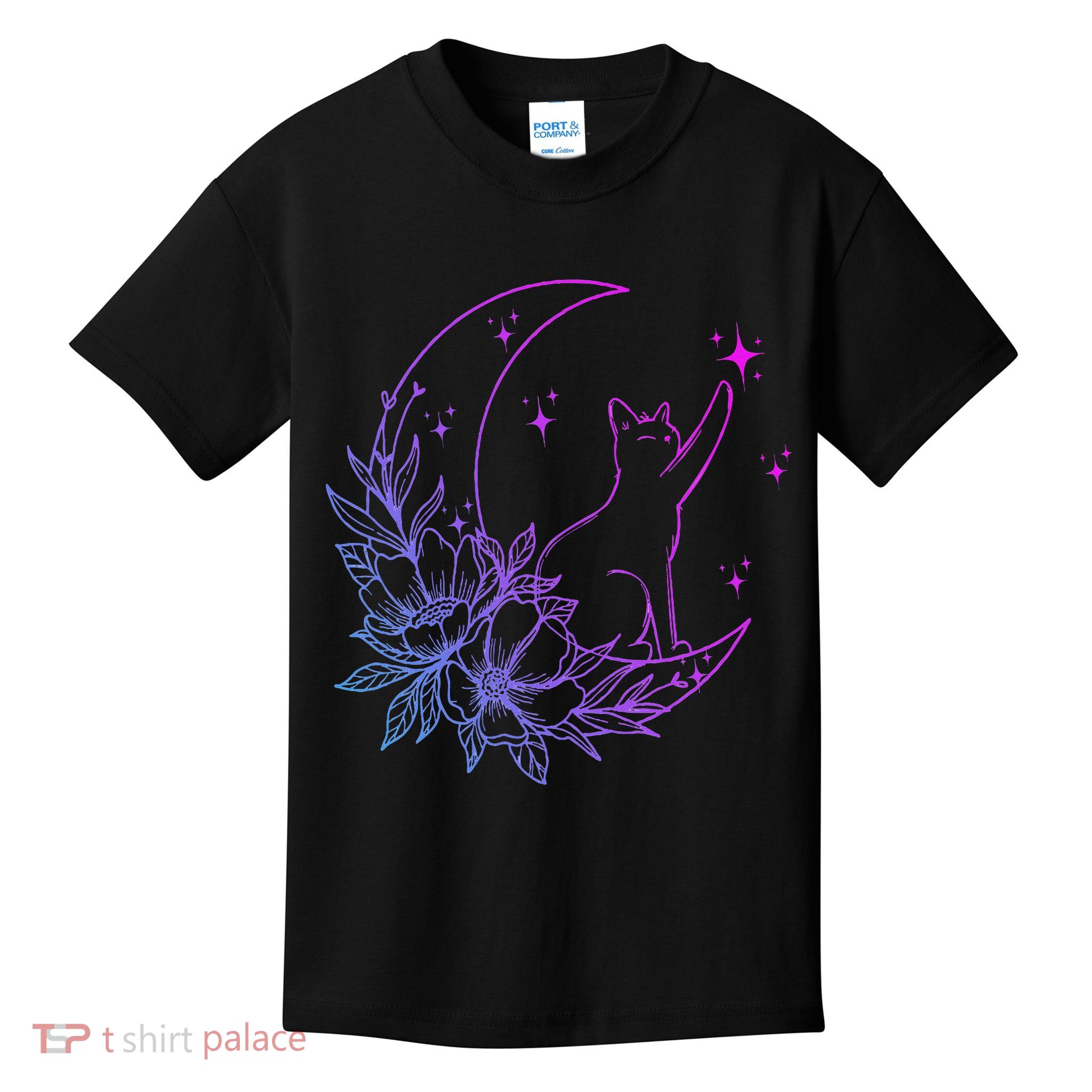 Cat Sitting On Crescent Moon Flowers Stars Women Kids T-Shirt