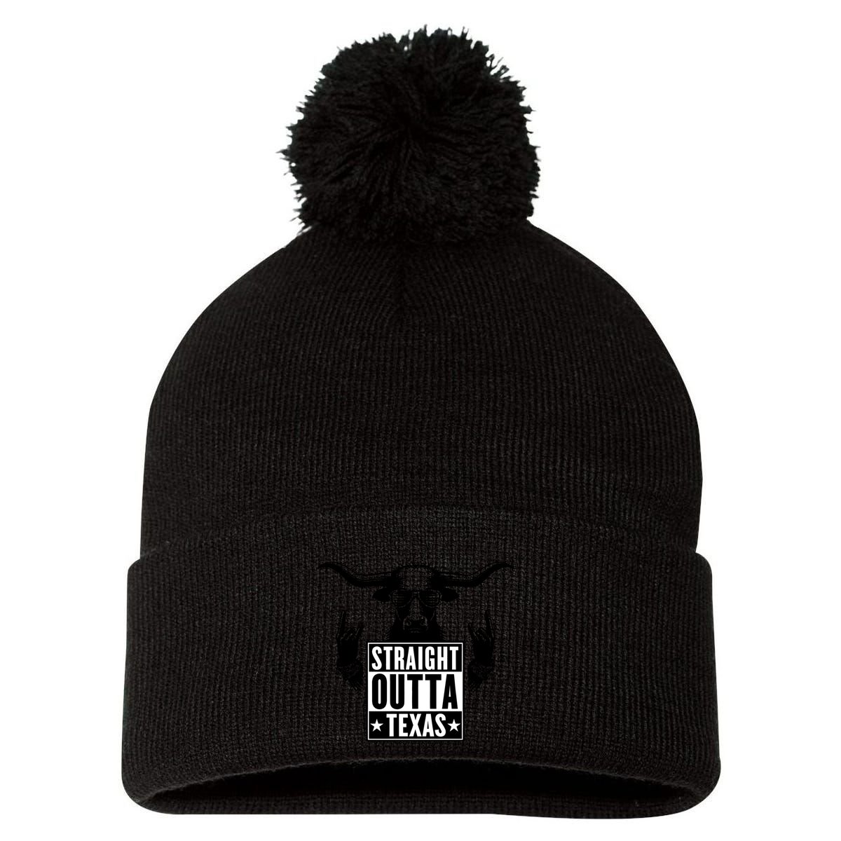 Cool Straight Outta Texas Long Horn Bull Pom Pom 12in Knit Beanie