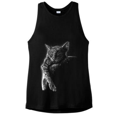 Cat Sleeping On The Moon Sketch Ladies PosiCharge Tri-Blend Wicking Tank