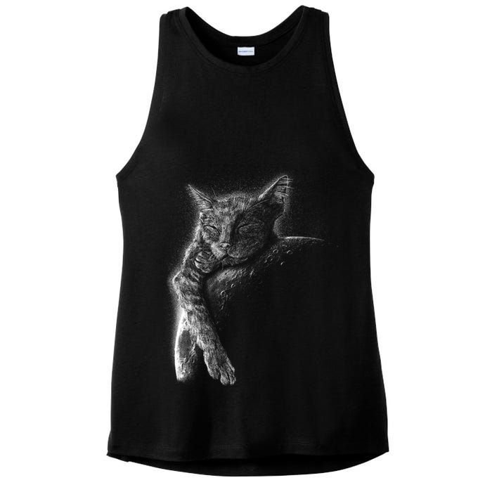 Cat Sleeping On The Moon Sketch Ladies PosiCharge Tri-Blend Wicking Tank