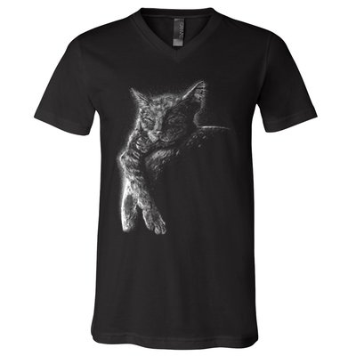 Cat Sleeping On The Moon Sketch V-Neck T-Shirt