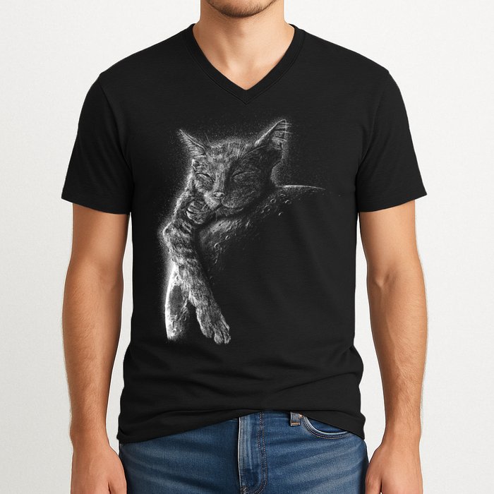 Cat Sleeping On The Moon Sketch V-Neck T-Shirt