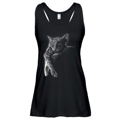 Cat Sleeping On The Moon Sketch Ladies Essential Flowy Tank