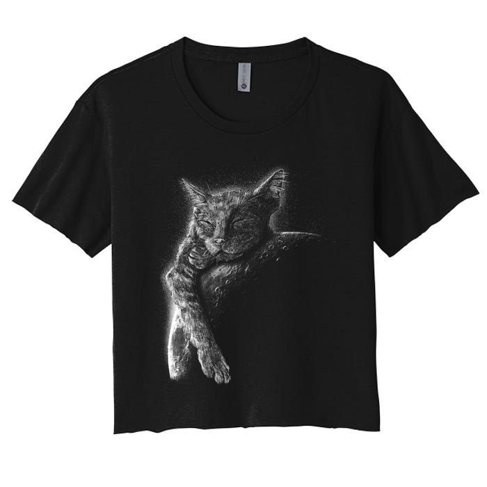 Cat Sleeping On The Moon Sketch Crop Top