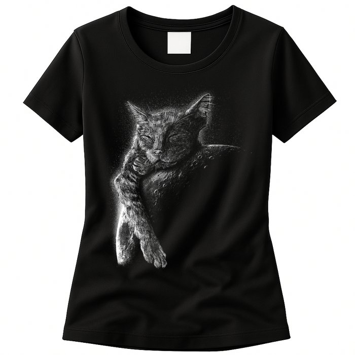 Cat Sleeping On The Moon Sketch Womens T-Shirt