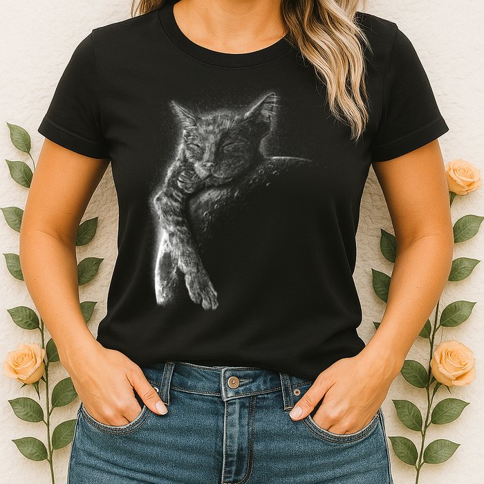 Cat Sleeping On The Moon Sketch Womens T-Shirt