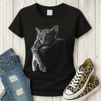 Cat Sleeping On The Moon Sketch Womens T-Shirt