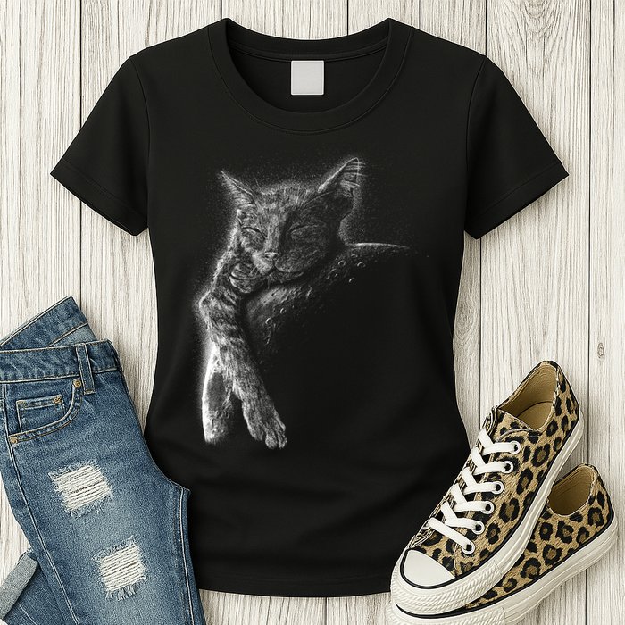 Cat Sleeping On The Moon Sketch Womens T-Shirt