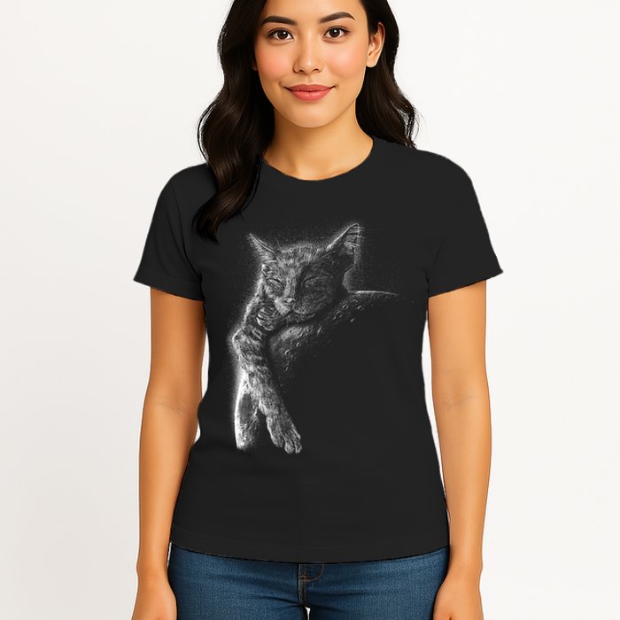 Cat Sleeping On The Moon Sketch Womens T-Shirt