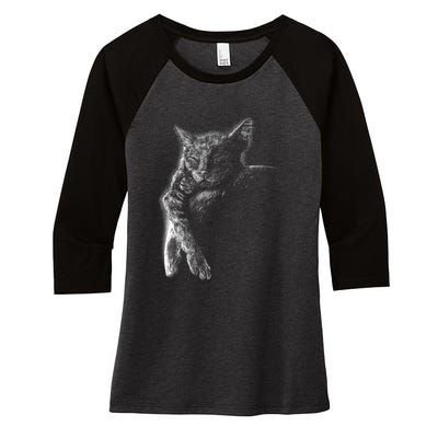 Cat Sleeping On The Moon Sketch Women's Tri-Blend 3/4-Sleeve Raglan Shirt