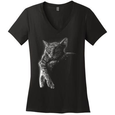 Cat Sleeping On The Moon Sketch Women's V-Neck T-Shirt
