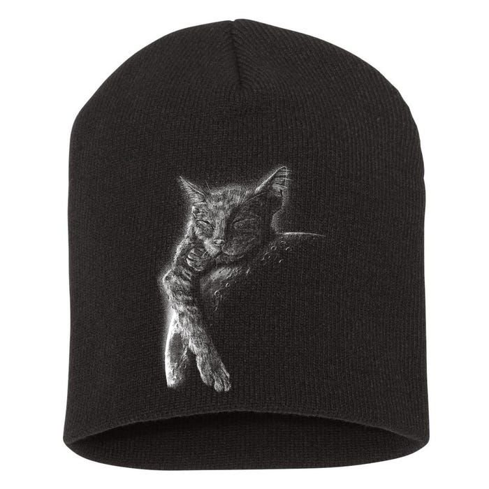 Cat Sleeping On The Moon Sketch Short Acrylic Beanie