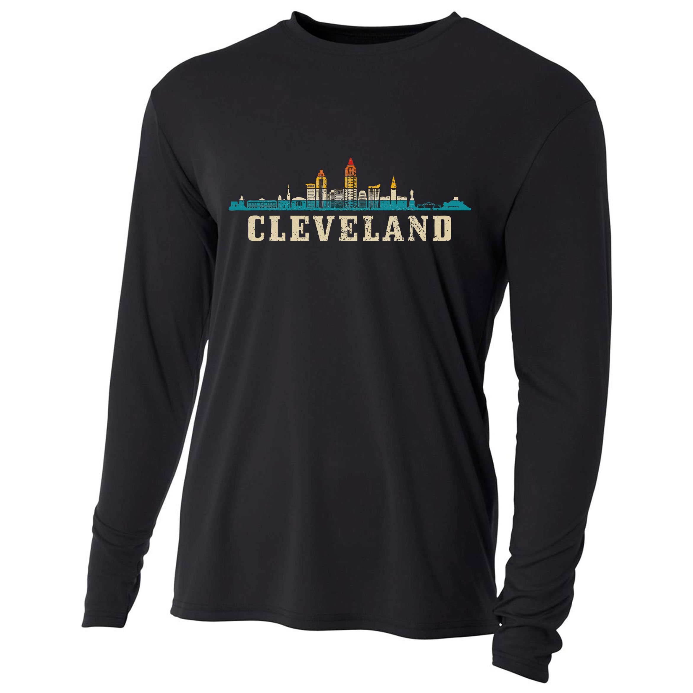 Cleveland Skyline Ohio Vintage Pride Retro Cooling Performance Long Sleeve Crew