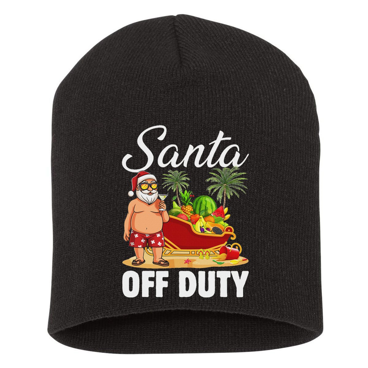 Cute Santa Off Duty Sleigh Summer Vacation Christmas In July Short Acrylic Beanie