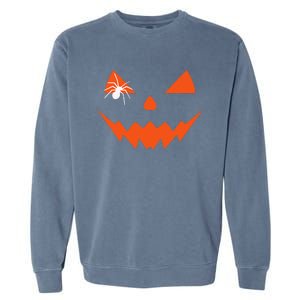 Creepy Spider On Jack O Lantern Pumpkin Face Halloween Garment-Dyed Sweatshirt