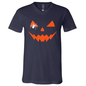 Creepy Spider On Jack O Lantern Pumpkin Face Halloween V-Neck T-Shirt