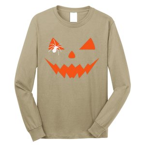 Creepy Spider On Jack O Lantern Pumpkin Face Halloween Long Sleeve Shirt