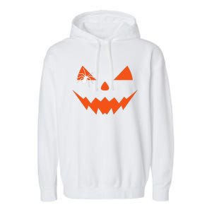 Creepy Spider On Jack O Lantern Pumpkin Face Halloween Garment-Dyed Fleece Hoodie