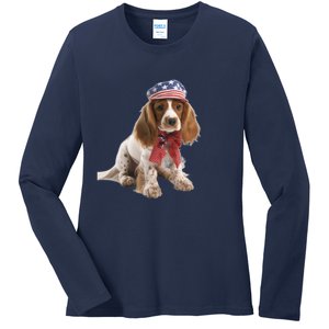 Cocker Spaniel Puppy USA Flag American Dogs 4th Of July Ladies Long Sleeve Shirt