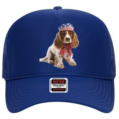 Cocker Spaniel Puppy USA Flag American Dogs 4th Of July High Crown Mesh Back Trucker Hat