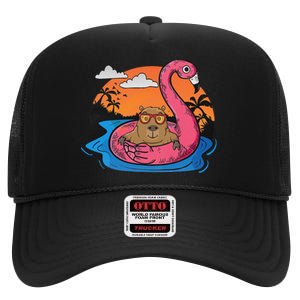 Capybara Swimming Pool Lover Flamingo Capybara High Crown Mesh Back Trucker Hat