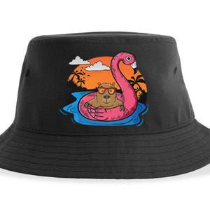 Capybara Swimming Pool Lover Flamingo Capybara Sustainable Bucket Hat