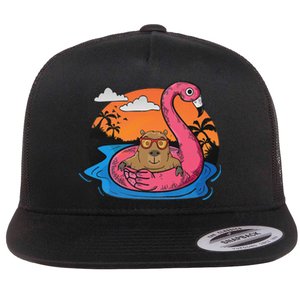 Capybara Swimming Pool Lover Flamingo Capybara Flat Bill Trucker Hat