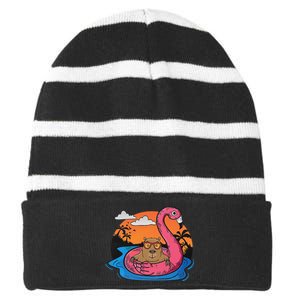 Capybara Swimming Pool Lover Flamingo Capybara Striped Beanie with Solid Band