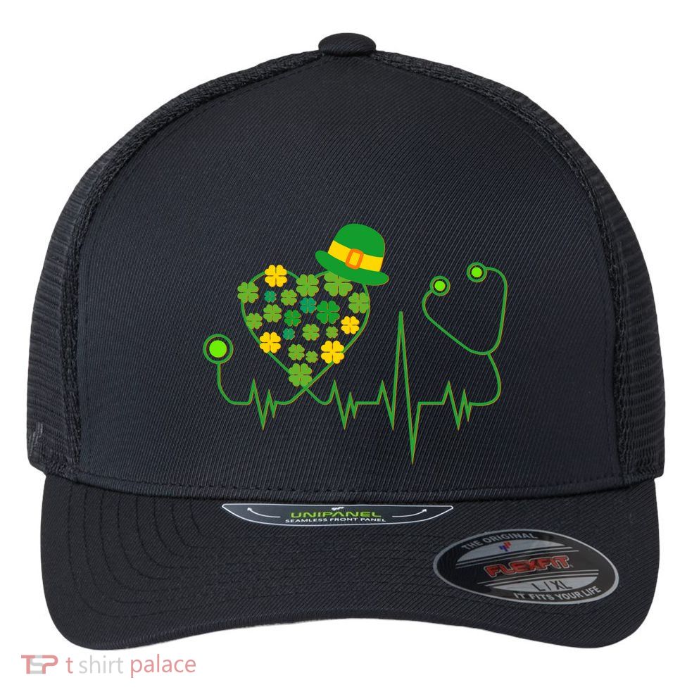 Cute St Patricks Day Lucky Shamrock Clover Stethoscope Flexfit Unipanel Trucker Cap