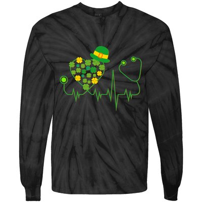 Cute St Patricks Day Lucky Shamrock Clover Stethoscope Tie-Dye Long Sleeve Shirt