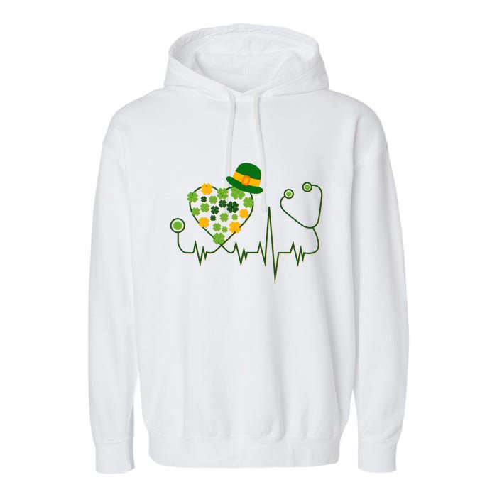 Cute St Patricks Day Lucky Shamrock Clover Stethoscope Garment-Dyed Fleece Hoodie