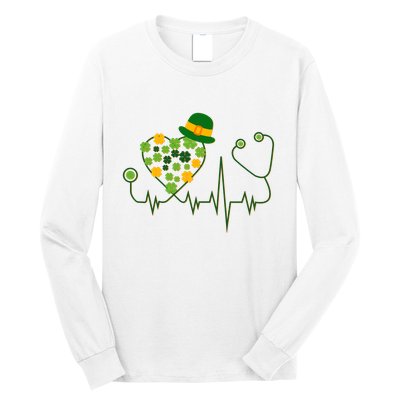 Cute St Patricks Day Lucky Shamrock Clover Stethoscope Long Sleeve Shirt