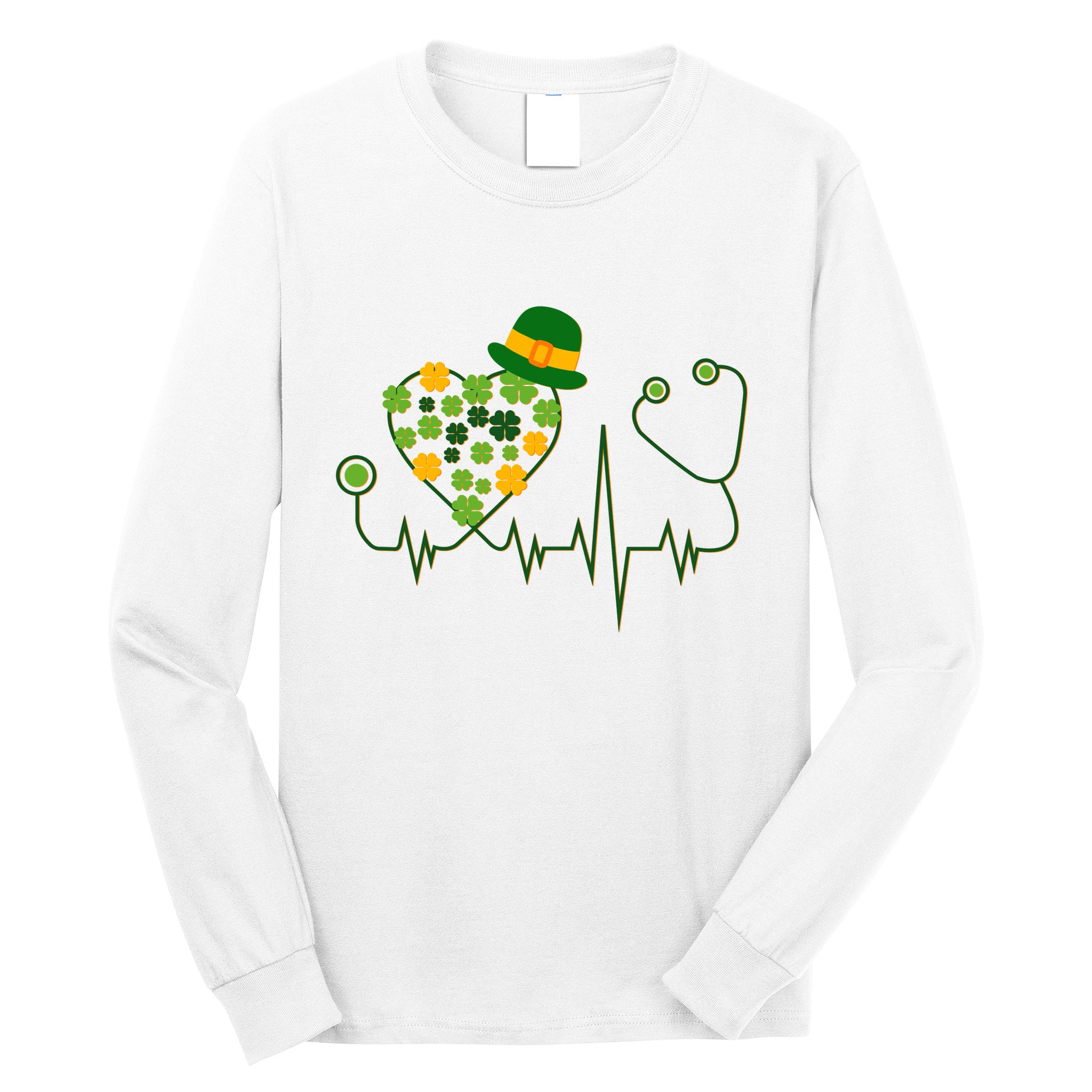 Cute St Patricks Day Lucky Shamrock Clover Stethoscope Long Sleeve Shirt