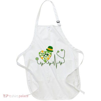 Cute St Patricks Day Lucky Shamrock Clover Stethoscope Full-Length Apron With Pockets