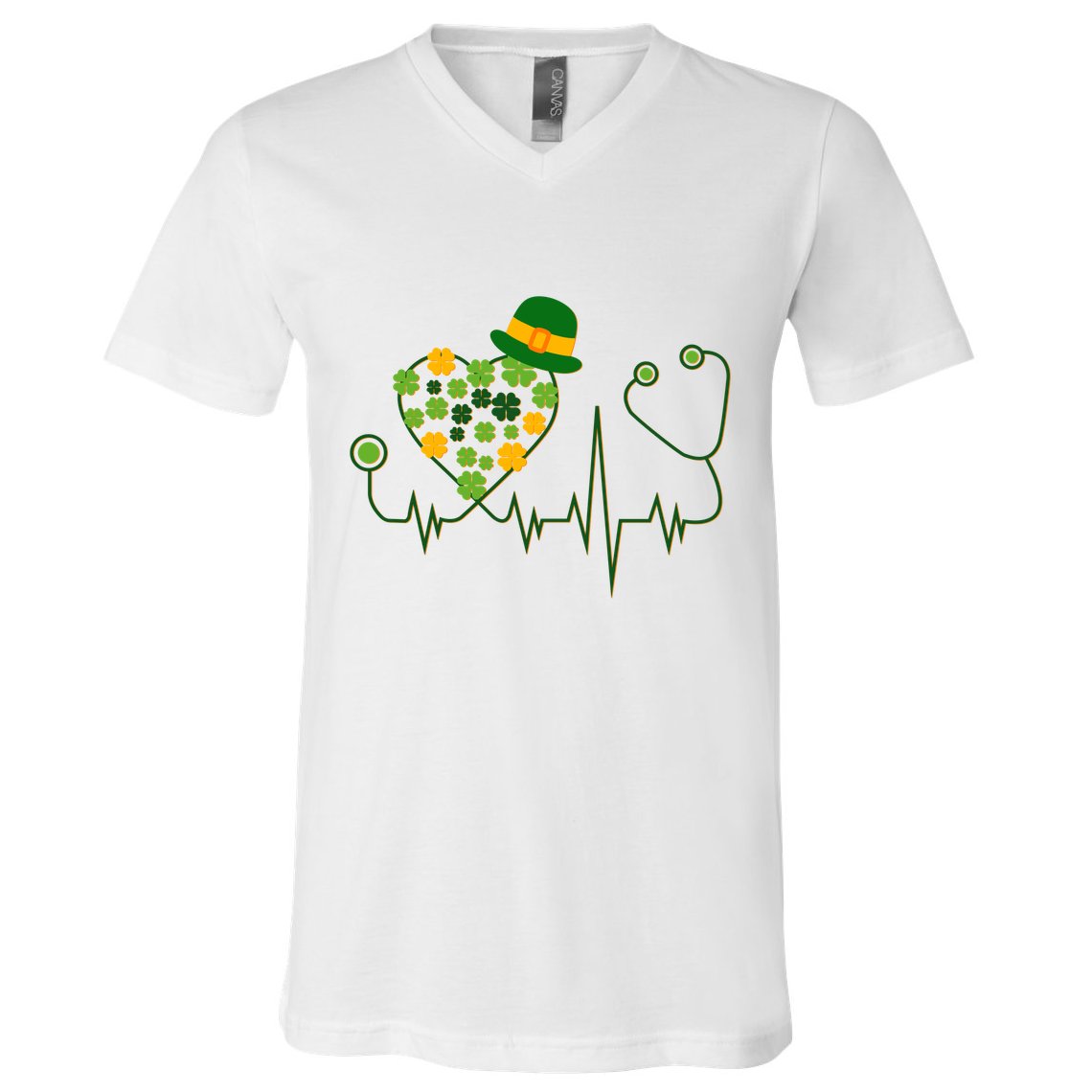 Cute St Patricks Day Lucky Shamrock Clover Stethoscope V-Neck T-Shirt
