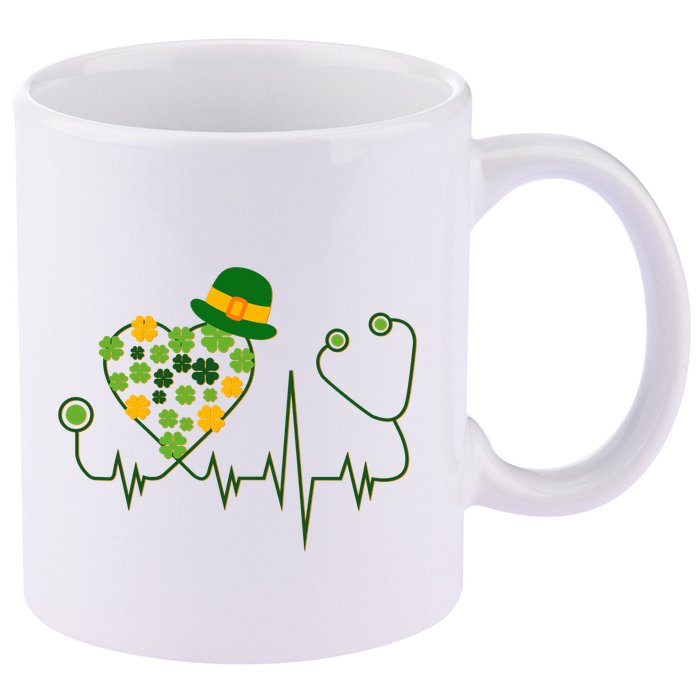 Cute St Patricks Day Lucky Shamrock Clover Stethoscope 11oz C Handle Ceramic Mug