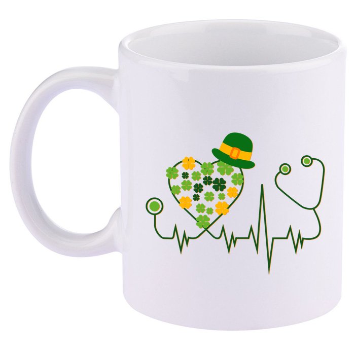 Cute St Patricks Day Lucky Shamrock Clover Stethoscope 11oz C Handle Ceramic Mug