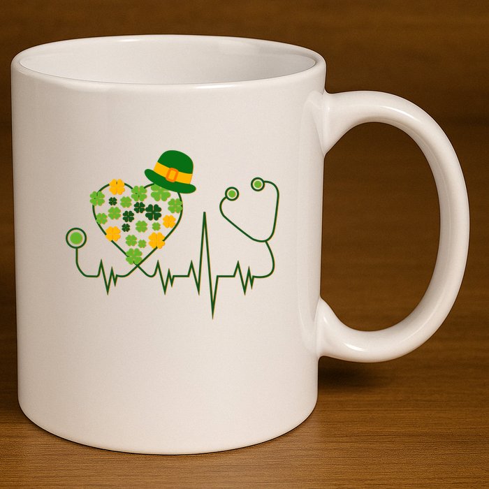 Cute St Patricks Day Lucky Shamrock Clover Stethoscope 11oz C Handle Ceramic Mug