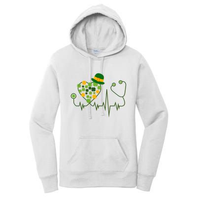 Cute St Patricks Day Lucky Shamrock Clover Stethoscope Women's Pullover Hoodie