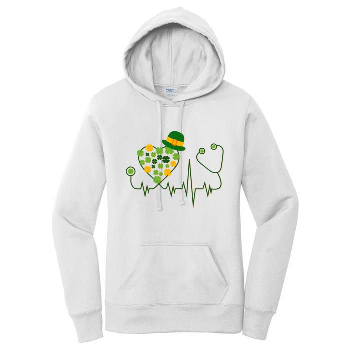 Cute St Patricks Day Lucky Shamrock Clover Stethoscope Women's Pullover Hoodie