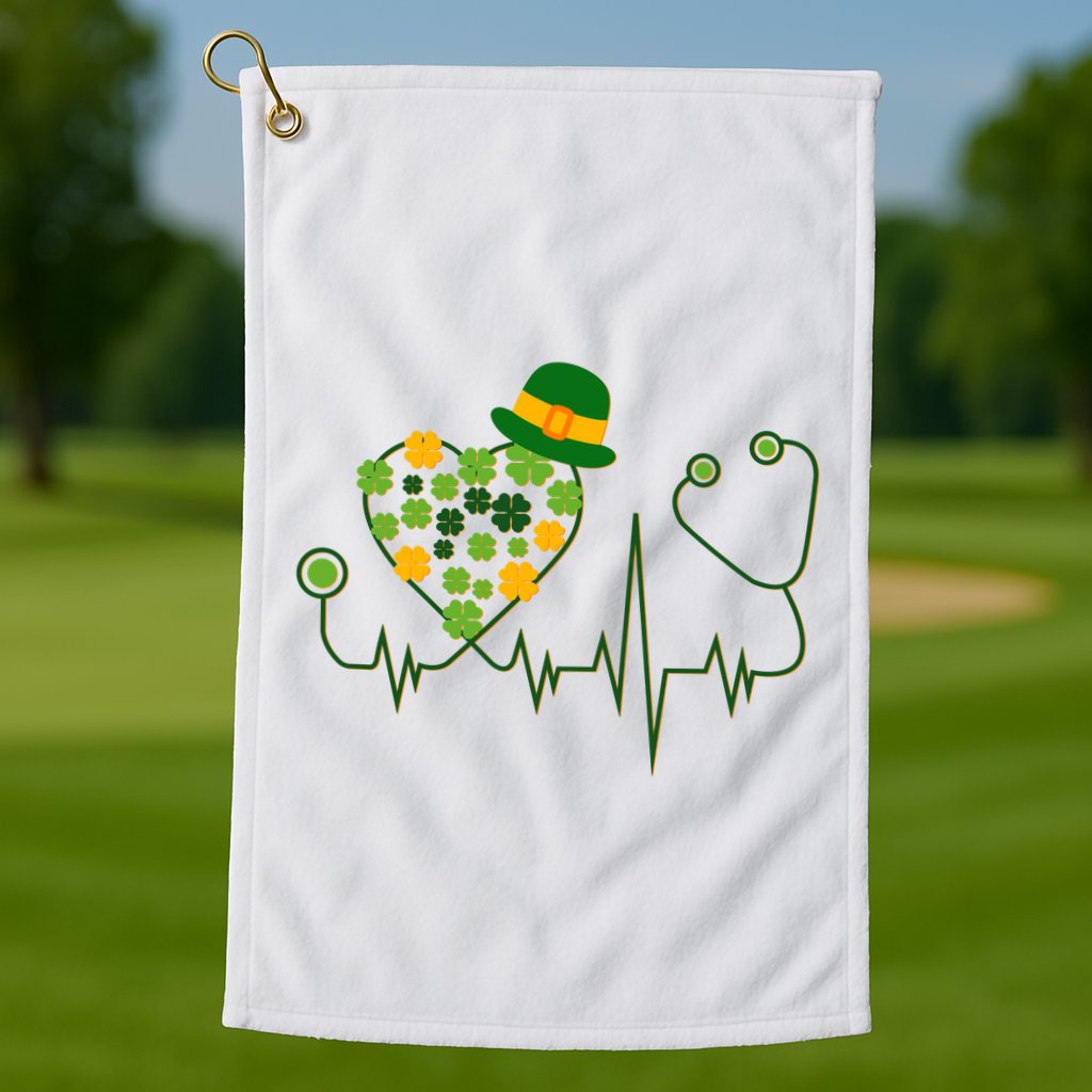 Cute St Patricks Day Lucky Shamrock Clover Stethoscope Golf Towel