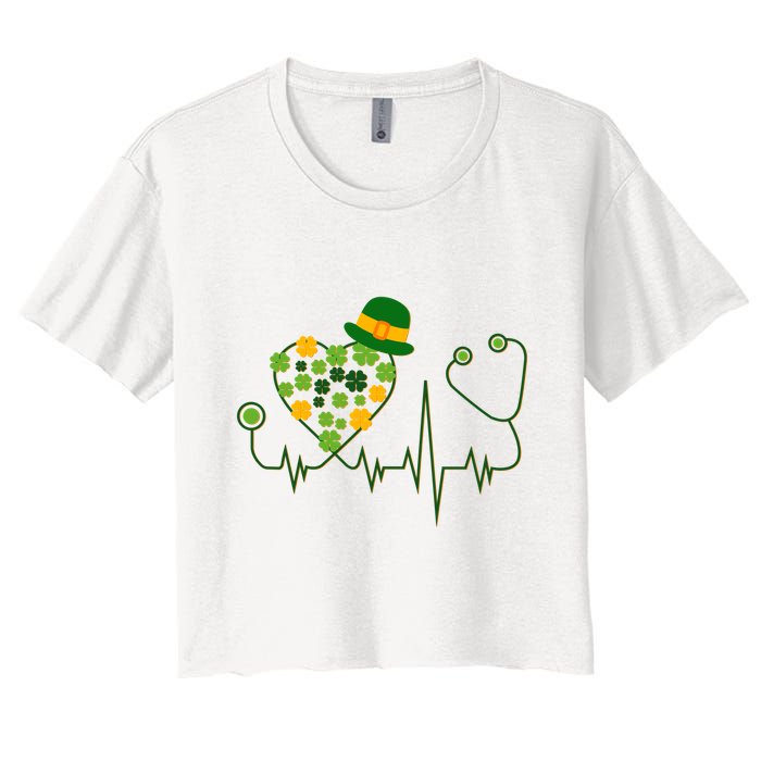 Cute St Patricks Day Lucky Shamrock Clover Stethoscope Crop Top