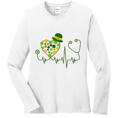 Cute St Patricks Day Lucky Shamrock Clover Stethoscope Ladies Long Sleeve Shirt