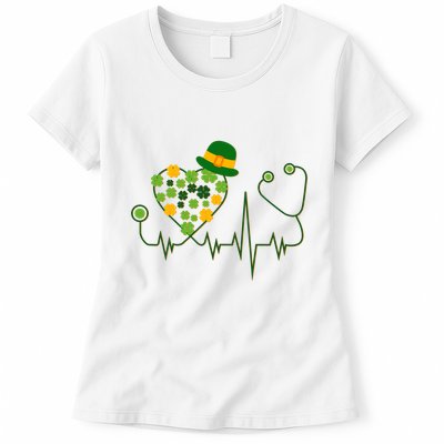 Cute St Patricks Day Lucky Shamrock Clover Stethoscope Womens T-Shirt