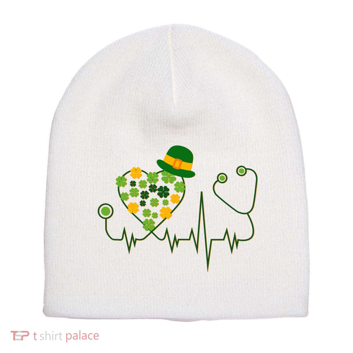 Cute St Patricks Day Lucky Shamrock Clover Stethoscope Short Acrylic Beanie