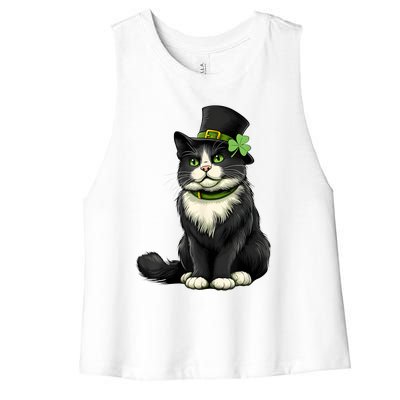 Cat St Patricks Day Shamrock Irish Women's Racerback Cropped Tank