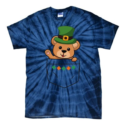 Cute Saint Patrick's Day Bear With Green Hat In Pocket Tie-Dye T-Shirt