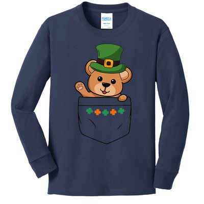 Cute Saint Patrick's Day Bear With Green Hat In Pocket Kids Long Sleeve Shirt