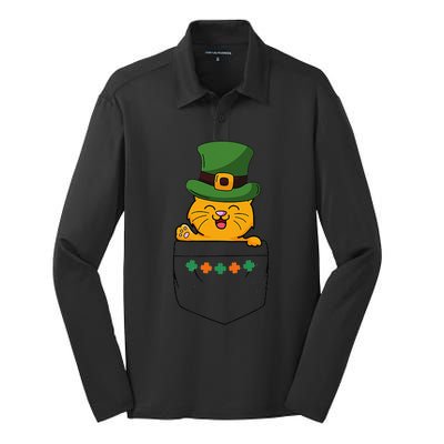 Cute Saint Patrick's Day Cat With Green Hat In Pocket Silk Touch Performance Long Sleeve Polo